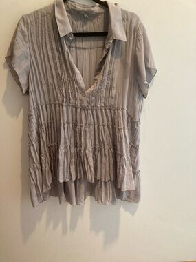 NY Collection Taupe Pleated V-Neck Tunic